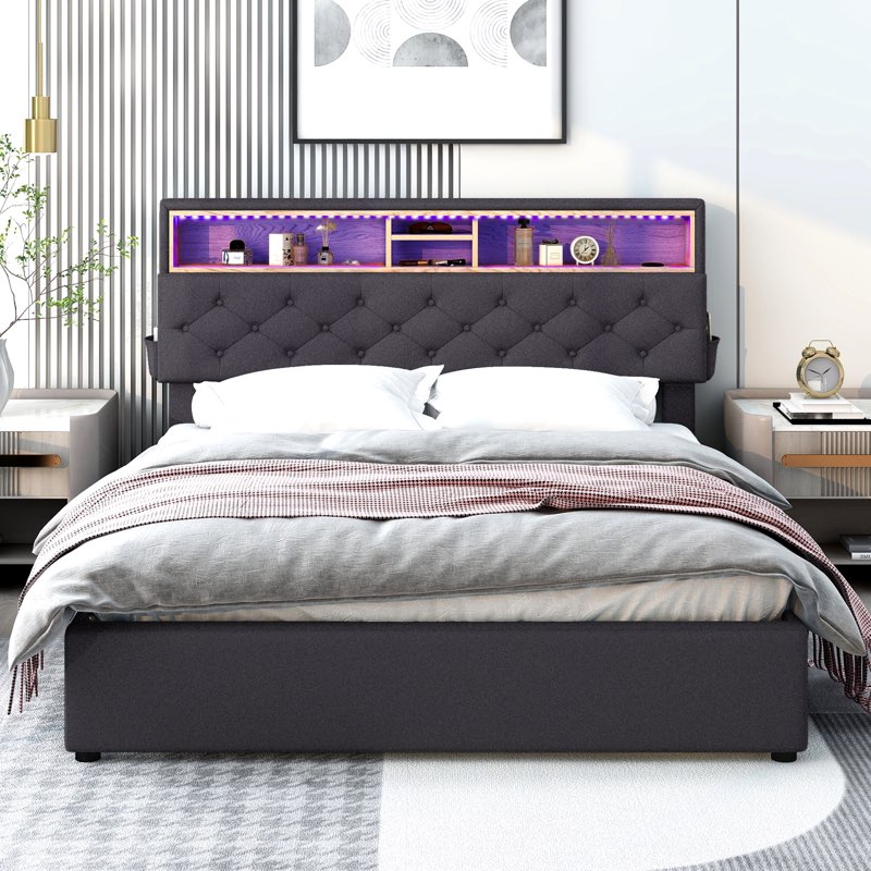 ( incomplete/ box 1 of 2) queen size upholstered platform bed with storage headboard, led, usb charging and 2 drawers