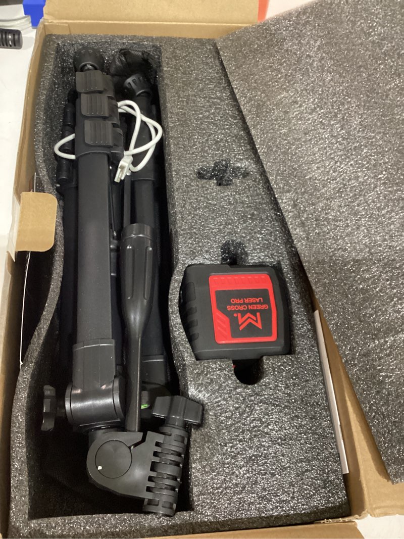 Condition photo showing As Is for motovera self leveling laser level 100ft, green cross line with tripod, 4 brightness modes & pulse function, manual & self-leveling modes, ip54 waterproof for picture hanging, tile, diy construction ll-t2