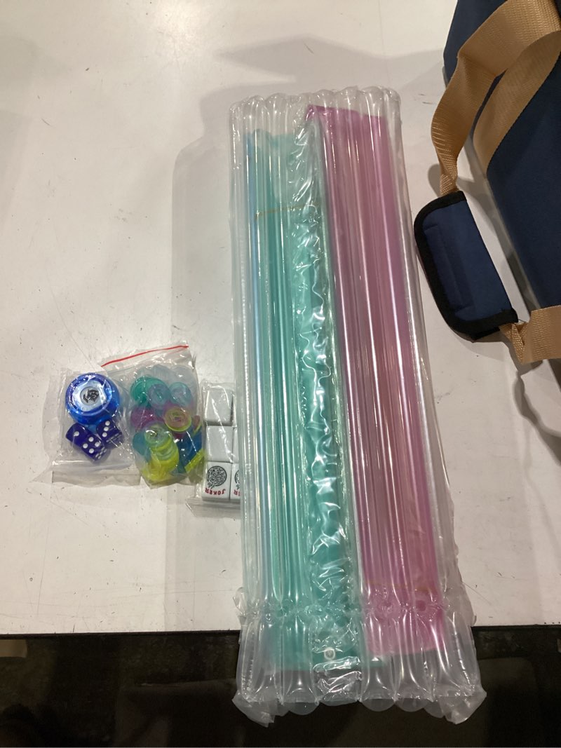 Condition photo showing New/Like New for american mahjong game set, 166 premium white tiles, 4 all-in-one color rack/pushers, complete mahjong set blue carrying bag