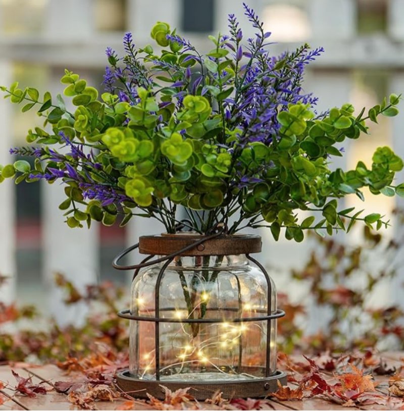 Vintage Glass Vase, Farmhouse Lantern Decor with Plant Flowers Lights, Rustic Style Vases with Iron Cage for Home Decor, Floral Arrangement Centerpiece for Dining Table, Clear Vase Gift for Decoration