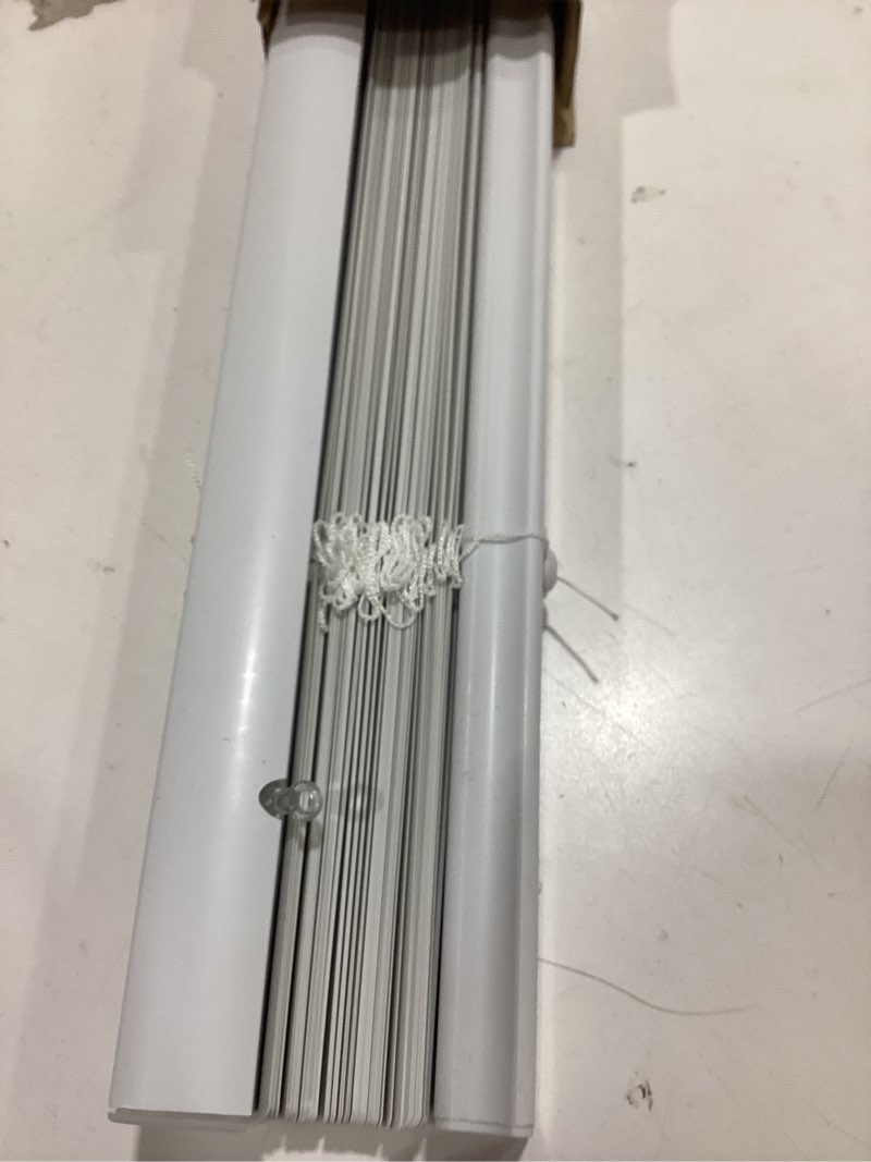 Condition photo showing Good Condition for project source light filtering 1-in slat width 27-in x 64-in cordless white vinyl light filtering mini-blinds