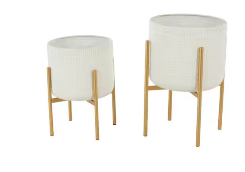 21 in., and 17 in. Large White Metal Dome Planter with Gold Stand (2-Pack)