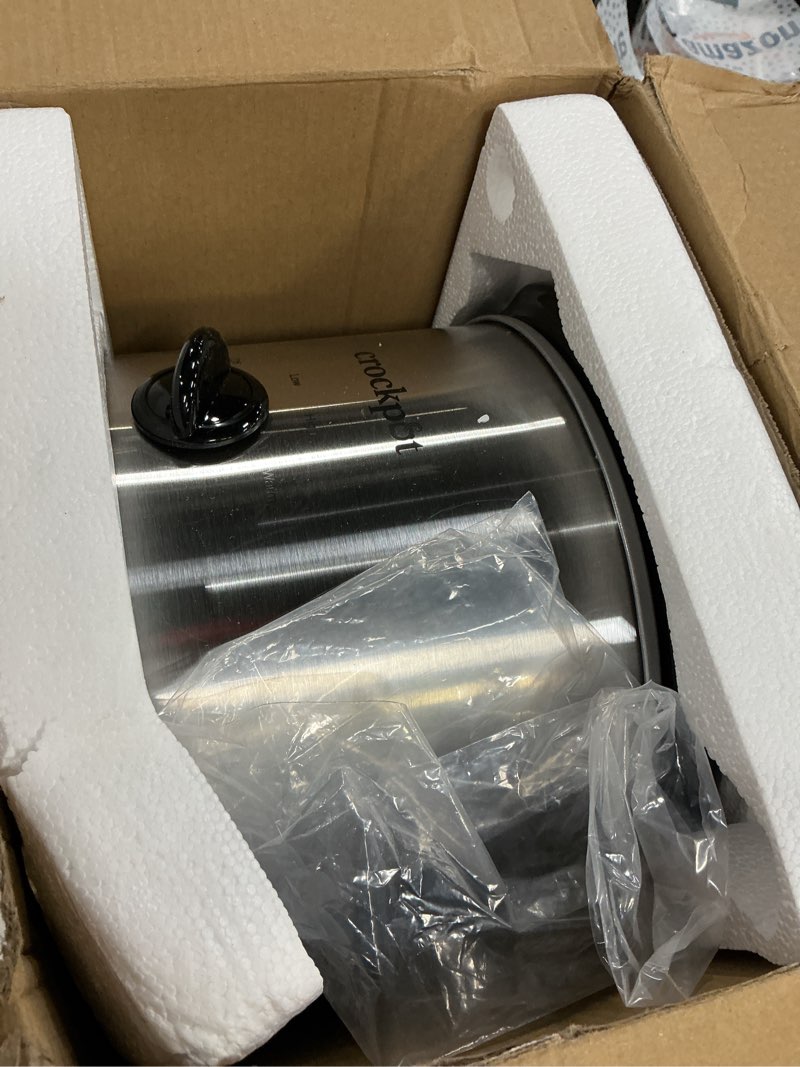 Condition photo showing As Is for crock-pot small 3 quart round manual slow cooker, stainless steel and black (scr300-ss)