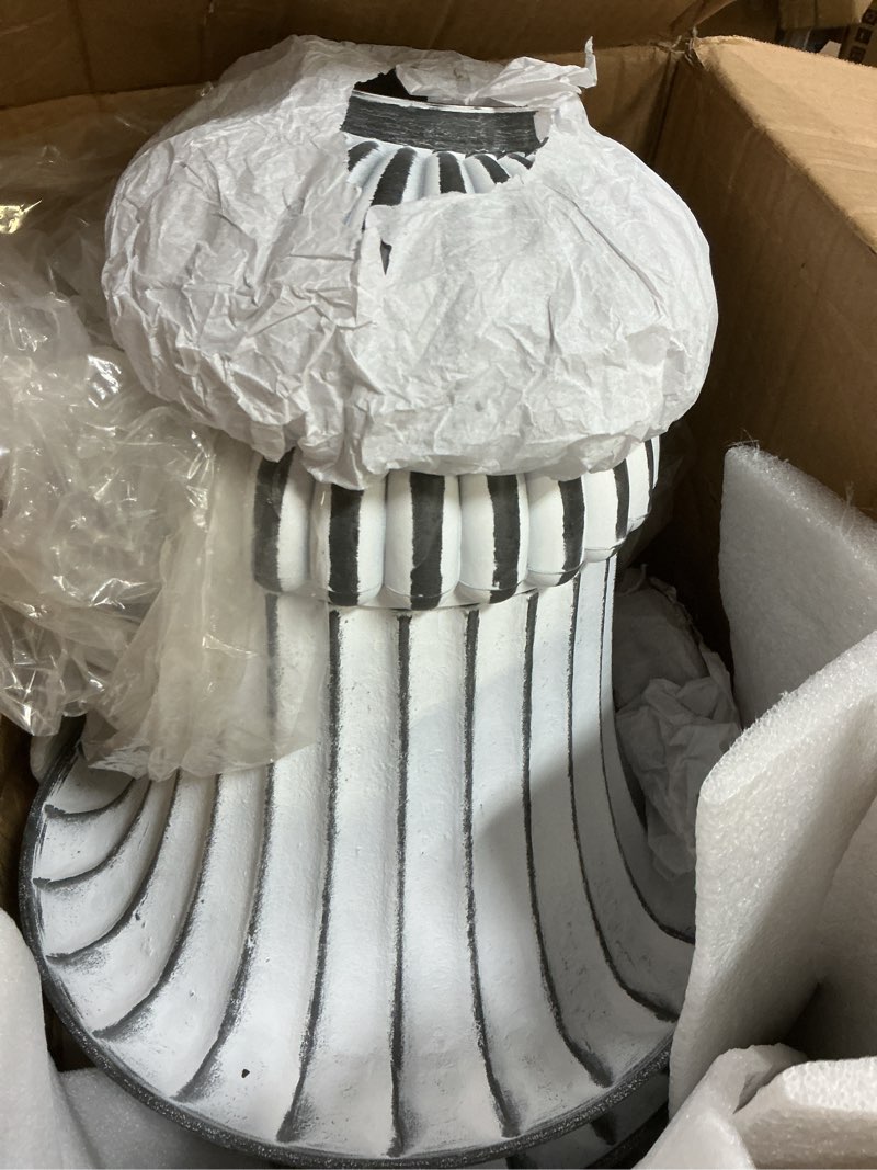 Condition photo showing As Is for (only 1)urn planters 22\", set of 2, tall stone-resin pedestal planters for outdoor plants, large front porch decor, patio garden pots, outdoor urns for entryway, porch & deck, white plant pot weathered white