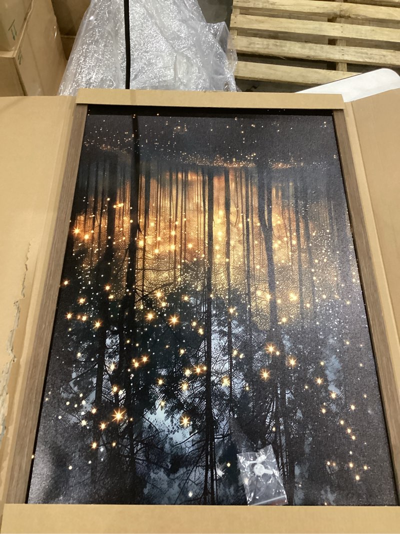 JLTULT Framed Enchanted Forest Firefly Canvas Wall Art, Dark ?Twilight Landscape Wall Decor, Rustic 