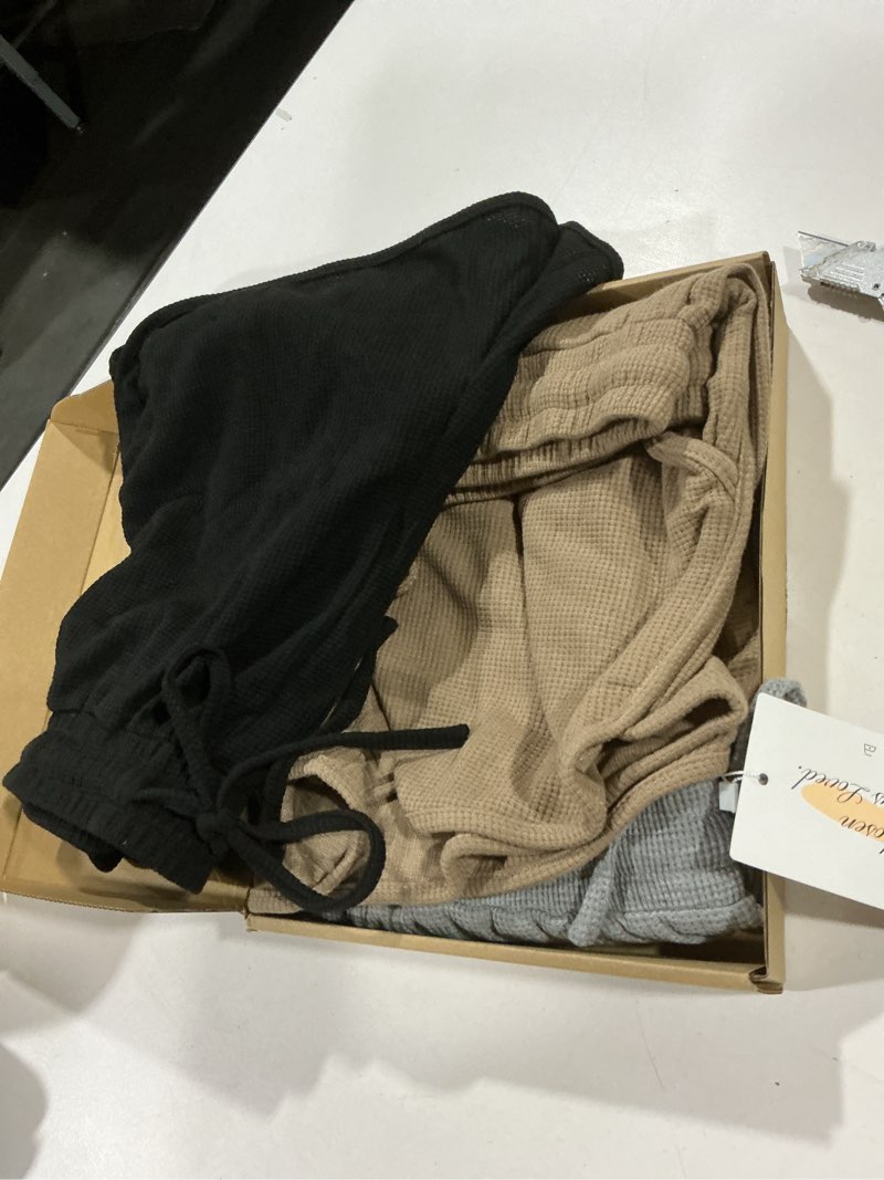 Condition photo showing Good Condition for neer 3 pack women's waffle knit shorts high waist loose drawstring casual summer lightweight soft shorts with pockets black, dark gray, camel medium