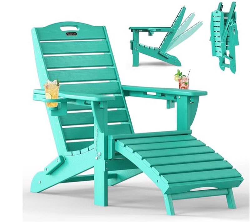 folding adirondack chair with retractable ottoman, weather resistant fire pit chair patio chair with 2 cup holder lawn outdoor lounge chair (lake blue)