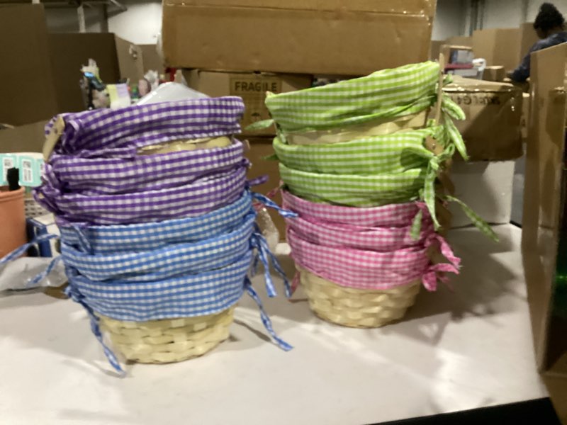 Condition photo showing New/Like New for weysat 12 sets bamboo easter basket bulk set handle round woven transparent bag wrapping bow bunny wrap glass paper egg hunt party supplies (rustic) 12 rustic
