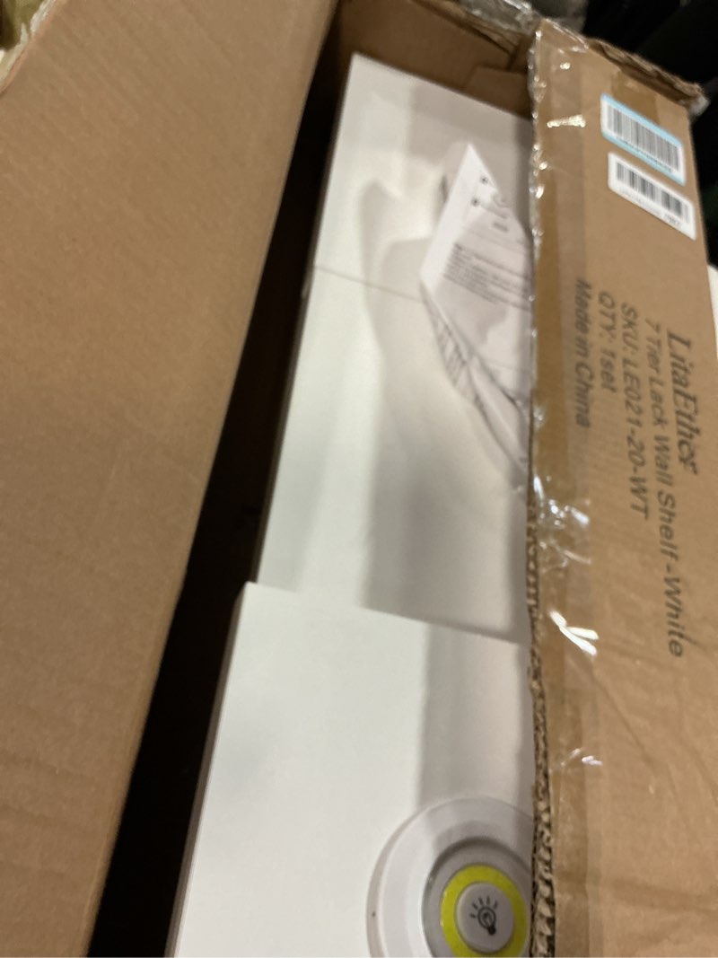 Condition photo showing As Is for Versatile 7 Tier Wall Shelf Unit,White Lack Wall Shelf,Display Floating Shelf with LED Remote Control Light 7 Tier White