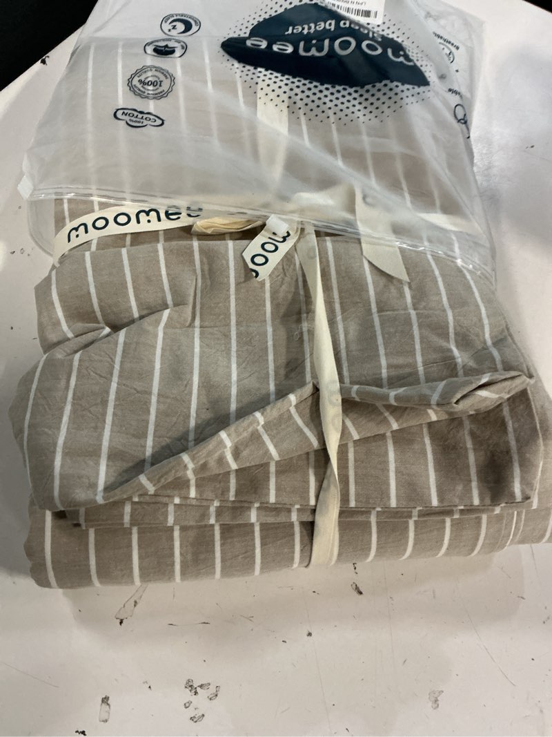 Condition photo showing Good Condition for moomee striped duvet cover set 100% washed cotton linen like textured breathable durable soft comfy (tannish linen grey white wide stripes, full 80"x90") wide stripes - tannish linen grey/ white (no comforter) full (80"x90")