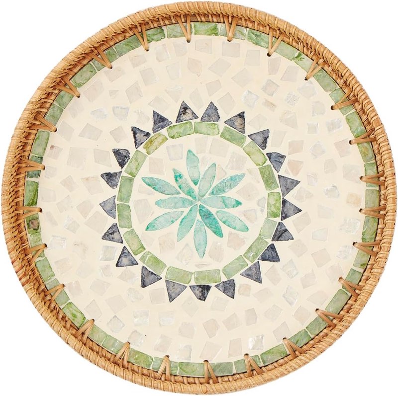 round rattan tray with mother of pearl inlay, rattan serving tray with wooden base, decorative wicker basket for table decor, storage and display of coffee bread food fruit (bohemia)