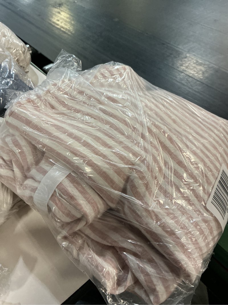 Condition photo showing As Is for european linen stripe fitted sheet set, full, dusty mauve/white stripe