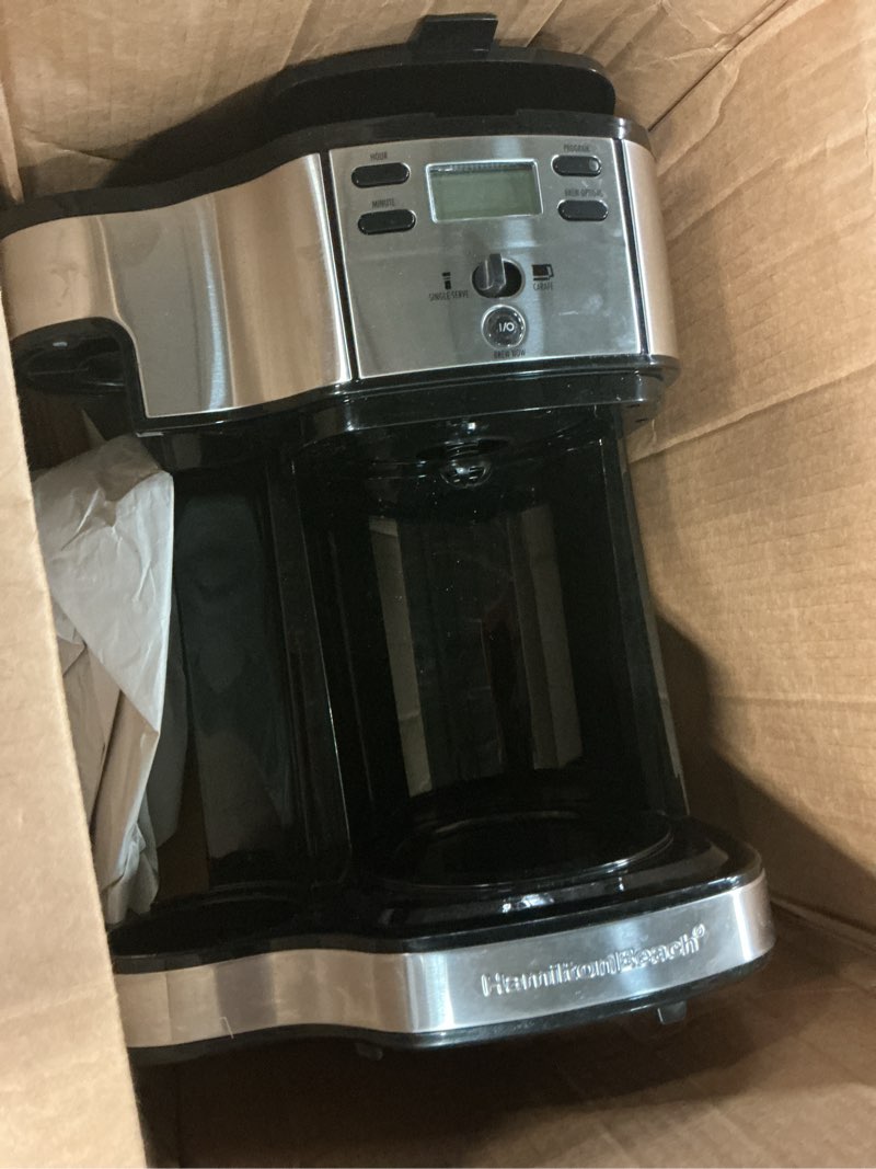 Condition photo showing As Is for Hamilton Beach 2-Way Programmable Coffee Maker, 12 Cup Glass Carafe And Single Serve Coffee Maker, Black with Stainless Steel Accents, 49980RG 12 Cup Black