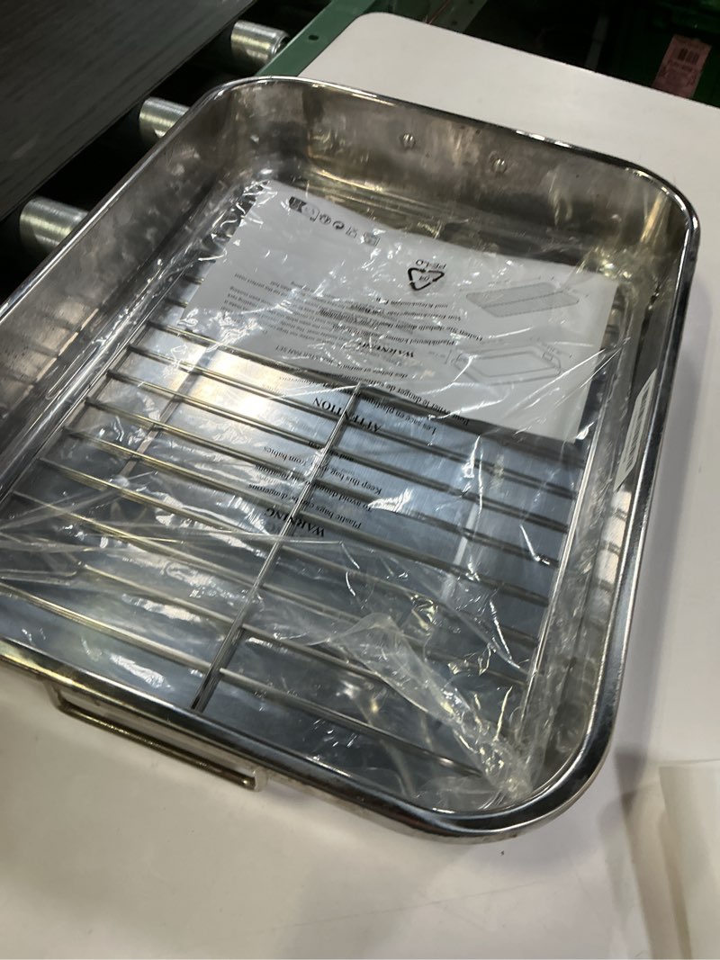 Condition photo showing As Is for Stainless Steel Roasting Oven Pan: Roaster Pans With Rack & Handles 16.5 * 12.4 * 3 inches - Kitchen Baking Appliances for Turkey Chicken Beef - Kitchen Cookware Gifts for Women Homeowner