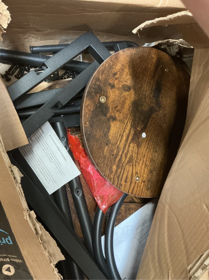 Condition photo showing As Is for HOOBRO 3 Pieces Round Bar Height Table and Chairs Set, Round Dining Table Set, Pub Table and Chairs for Small Space, 2 Tier Kitchen Table and Bar Stools with Back, Rustic Brown BF35BT01