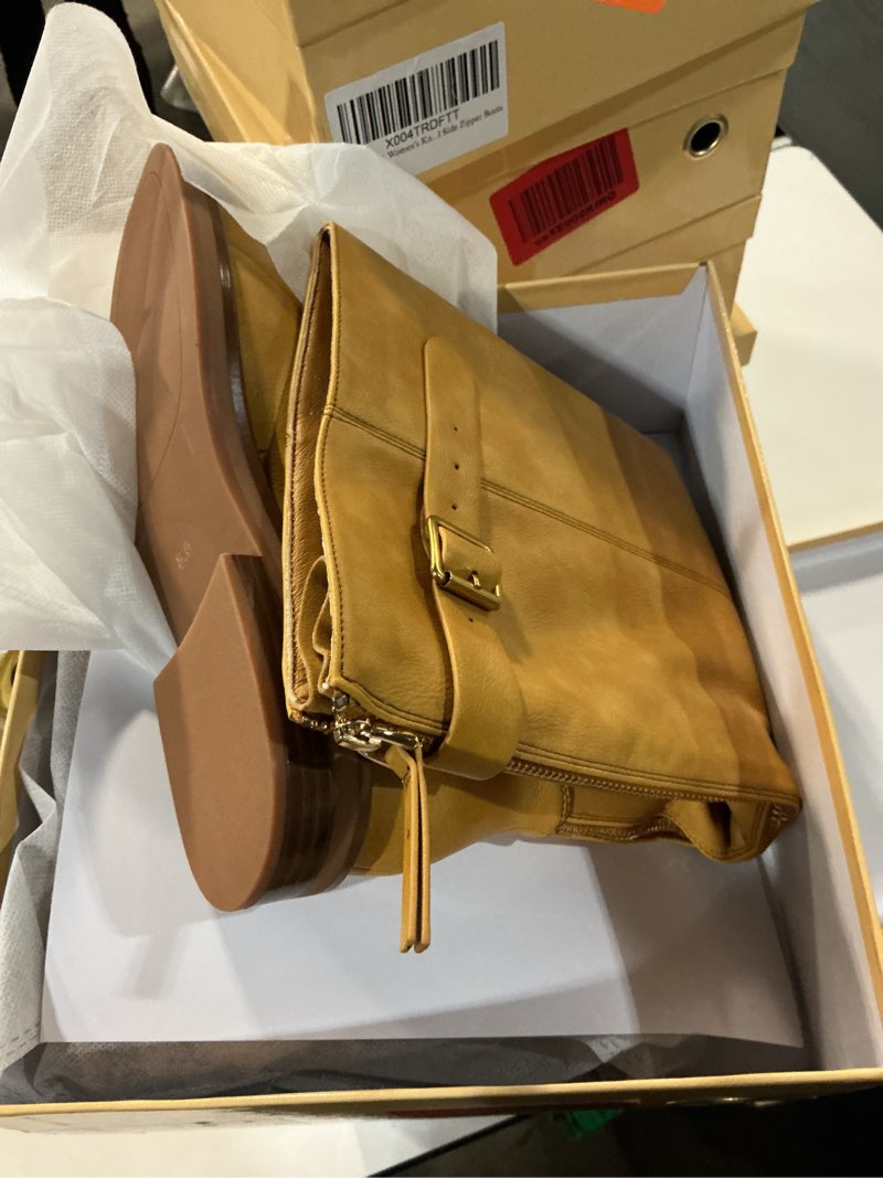 Condition photo showing New/Like New for (size 8.5)women's knee high boots chunky heel square toe tall boots for women low heel back zipper boots 6 banana-yellow