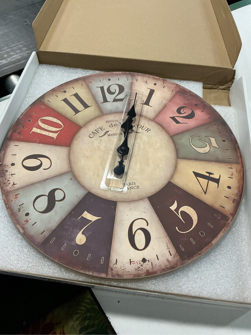 Condition photo showing Good Condition for Farmhouse Wall Clocks for Living Room Decor Colorful Wall Clock Battery Operated 16 Inch Large Wall Clock Silent 16 Inch Colorful1