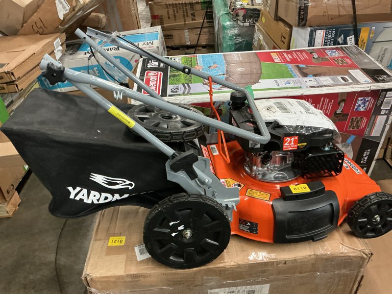 Condition photo showing As Is for yardmax 21 in. 170cc 3-in-1 gas walk behind push lawn mower with high rear wheels