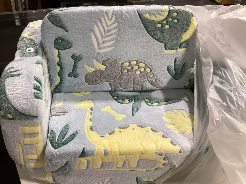 Condition photo showing Good Condition for memorecool glowing dinosaur kids chair, 2-in-1 convertible kids couch fold out to lounger, glow-in-the-dark dino sofa for boys ages 1-3, soft foam flip-out seat with washable cover, sky blue | reading, relaxing sky dino