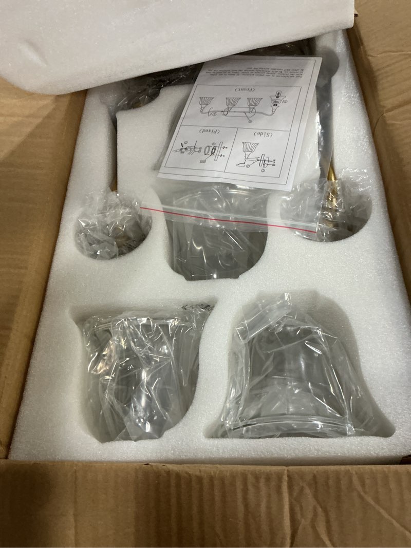 Condition photo showing Good Condition for Bathroom Vanity Gold Light Fixture, 4 Lights Bathroom Lighting Matte Antique Brass Finish with Crystal Glass Shade, Gold Vintage Vanity Light for Bathrooms Gold 4 Lights