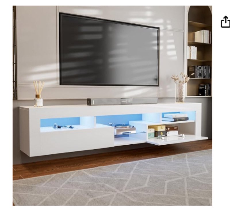 IKIFLY LED Floating TV Stand for 85+ inch TV, White High Glossy Wall Mounted Haning TV Stand with 2 Cabinets, Modern Floating Entertainment Center Console Shelf for Living Room, Bedroom