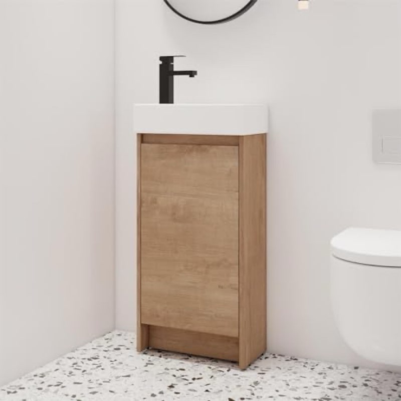 Haefele 16" Single Freestanding Bathroom Vanity with Ceramic Basin Sink Top, Floor Standing Vanity with 1 Door And 1 Adjustable Shelf