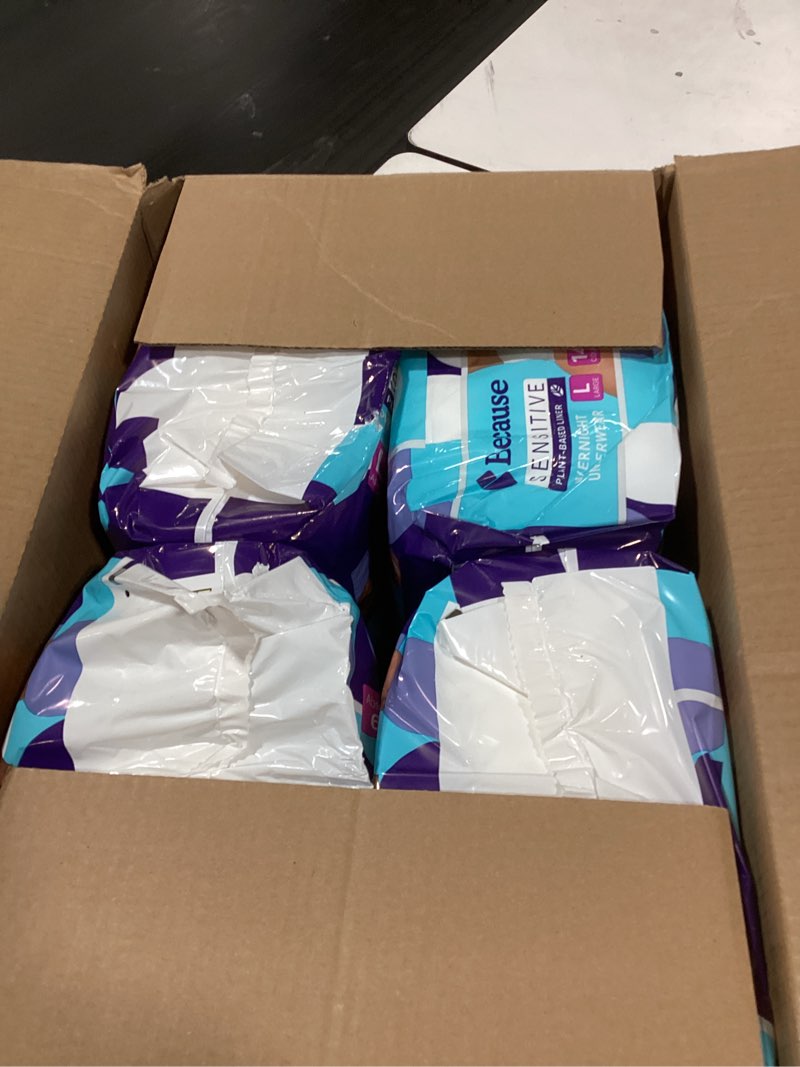 Condition photo showing New/Like New for Because Adult Incontinence Underwear for Sensitive Skin - Women - Premium Overnight Disposable Briefs, Anti Odor - White, Large - Absorbs 6 Cups - 56 Count (4 Packs of 14) Large (56 Count)