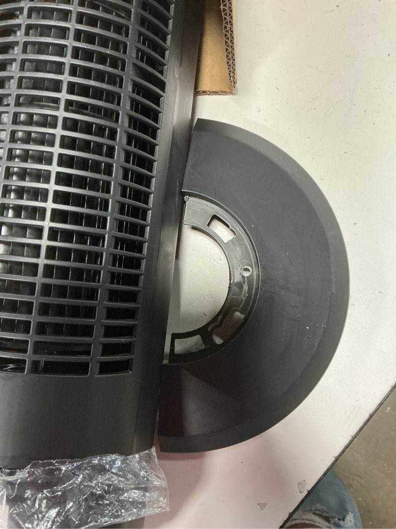 Condition photo showing As Is for amazon basics 28" 60-degree oscillating tower fan with powerful airflow for bedroom, living room, office, 3 speeds, mechanical control, air circulator, 35w, 27.8"h x 9.4"d x 9.4"w, black 28" - mechanical control