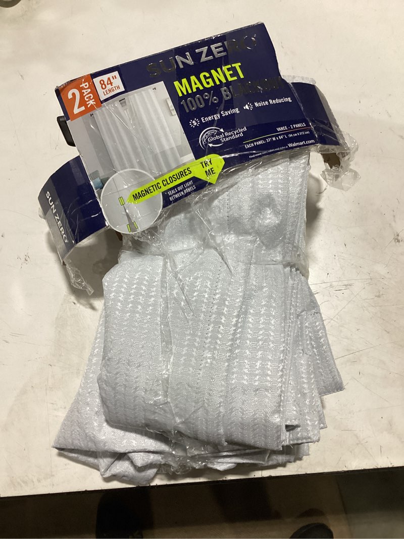 Condition photo showing Good Condition for sun zero vance 2-piece magnetic closure 100% blackout back tab curtain panel pair, 37"x84", white