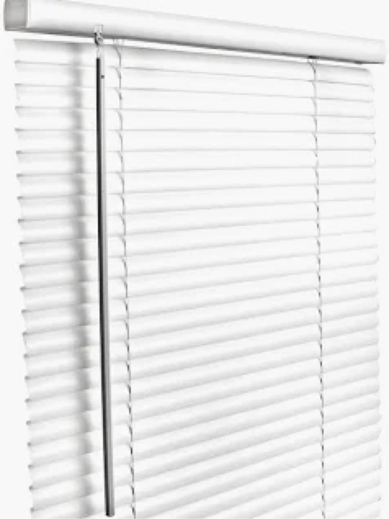 window blinds: white, 46 in wd, 48 in ht, 1 in dp, vinyl, left, cordless manual