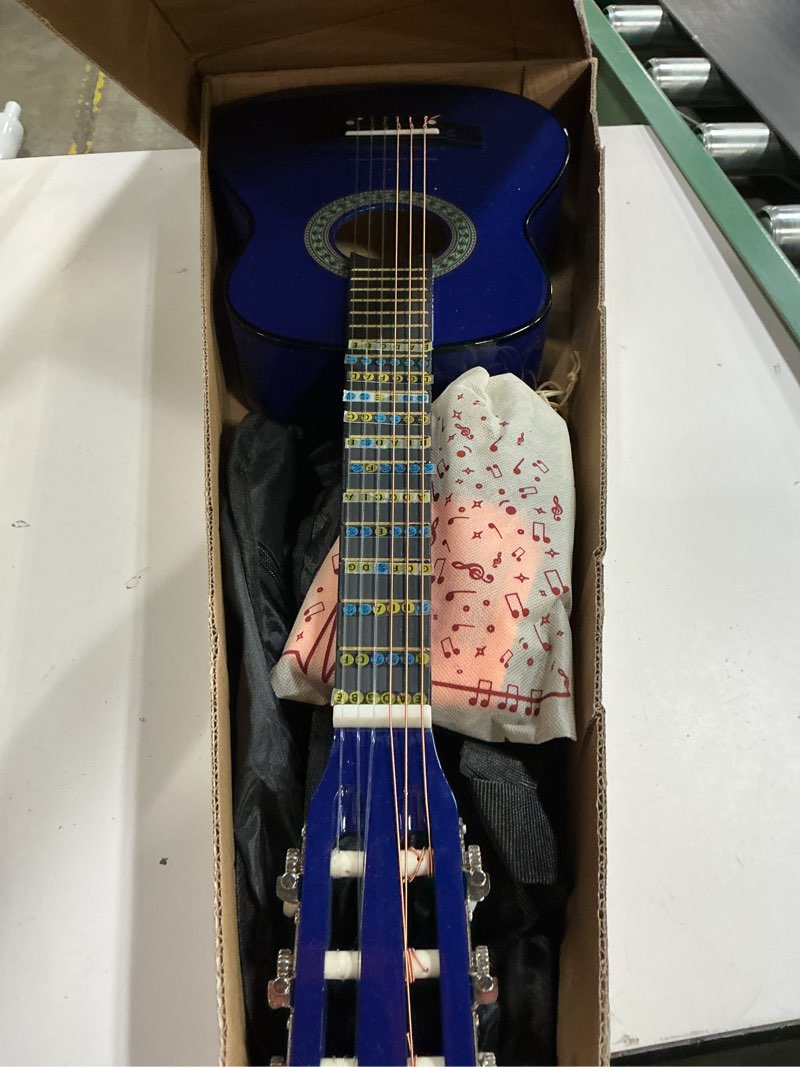 Condition photo showing As Is for adm beginner acoustic classical guitar 30 inch nylon strings wooden guitar bundle kit for kid boy girl student youth guitarra online lessons with gig bag, strap, tuner, extra strings, picks,blue 30 inch blue
