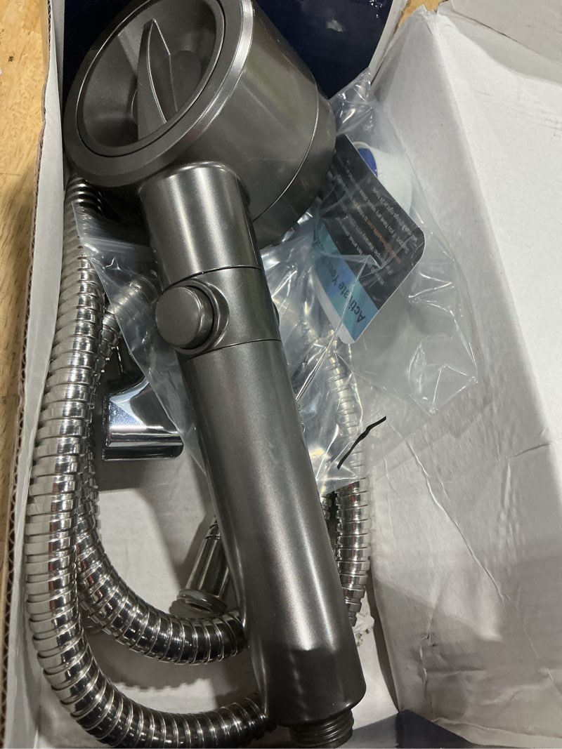 Condition photo showing As Is for feelso filtered shower head with handheld, high pressure 4 spray showerhead with filters & upgraded anti-clog nozzles for hard water -remove chlorine, reduce dry itchy skin -on/off switch for pet bath gray