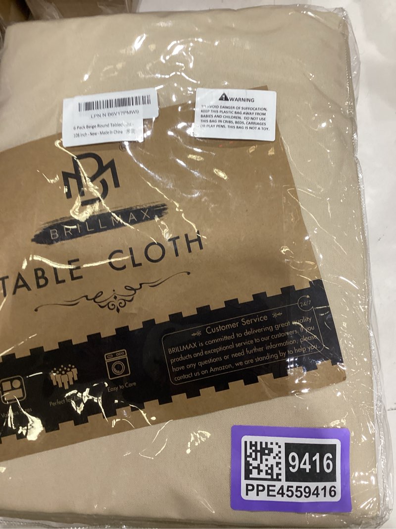 Condition photo showing As Is for BRILLMAX 6 Pack Beige Round Tablecloths 108 Inch - Circle Bulk Linen Polyester Fabric Washable Table Cloth Cover for Wedding Reception Banquet Birthday Party Buffet Restaurant Beige 108 In, 6 Pack