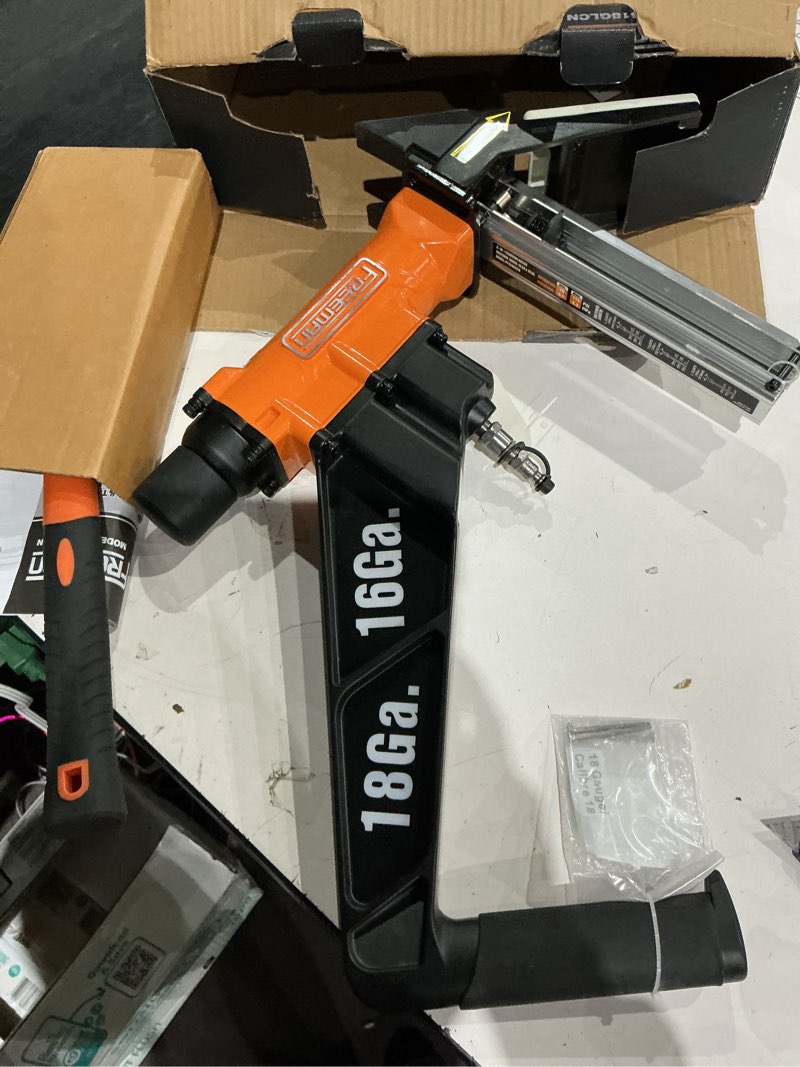 Condition photo showing As Is for freeman pf1618glcn pneumatic 3-in-1 16-gauge and 18-gauge 2" flooring nailer with flooring mallet and interchangeable base plates