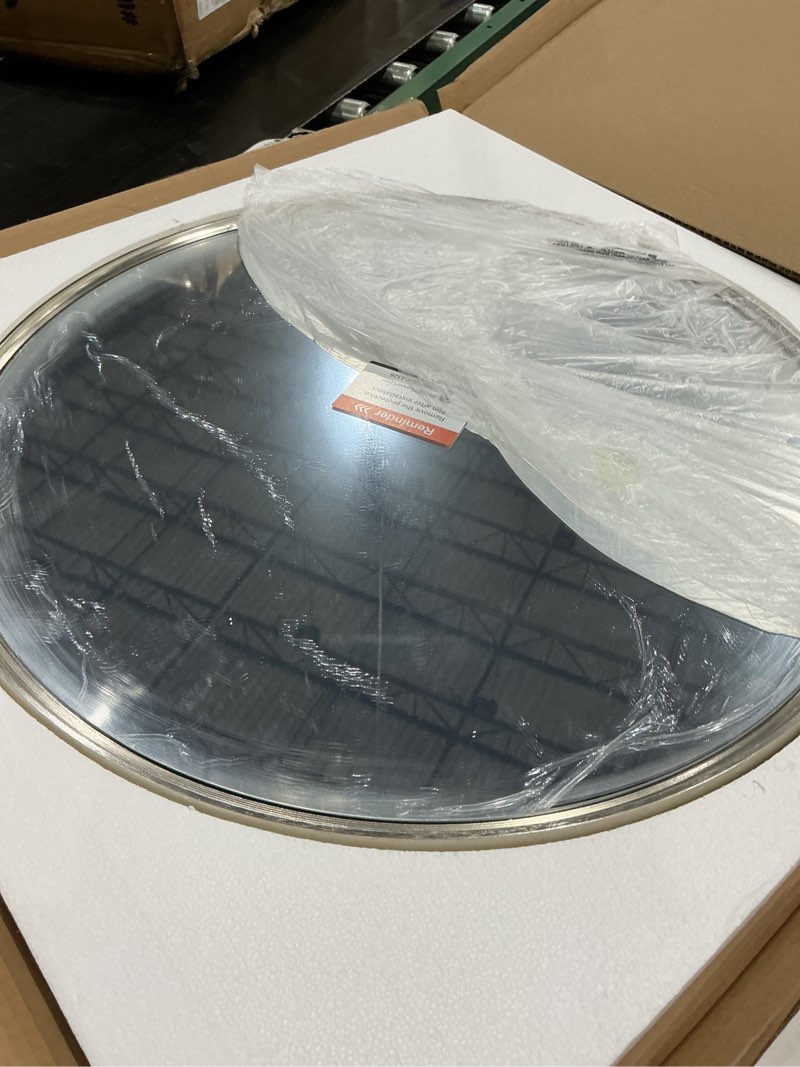 Condition photo showing Good Condition for tokeshimi 24 inch circle bathroom mirror brushed nickel, tempered round wall mirror, shatterproof 24x24 hanging wall mirrored farmhouse for bedroom, entryway, restroom, vanity, living room 24"l x 24"w brushed nickel