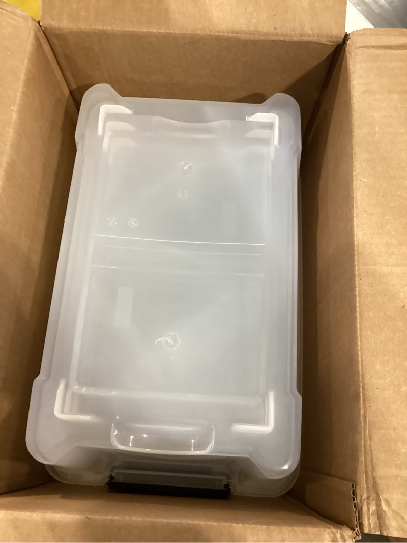 Condition photo showing As Is for IRIS USA 4-Pack Storage Bins with Lids, 13 Quart, Made in USA Stackable See-Through Organizing Solution Latches Durable Nestable Containers Secure Pull Handle, BPA-Free Plastic Clear 13 Qt 4 Pack