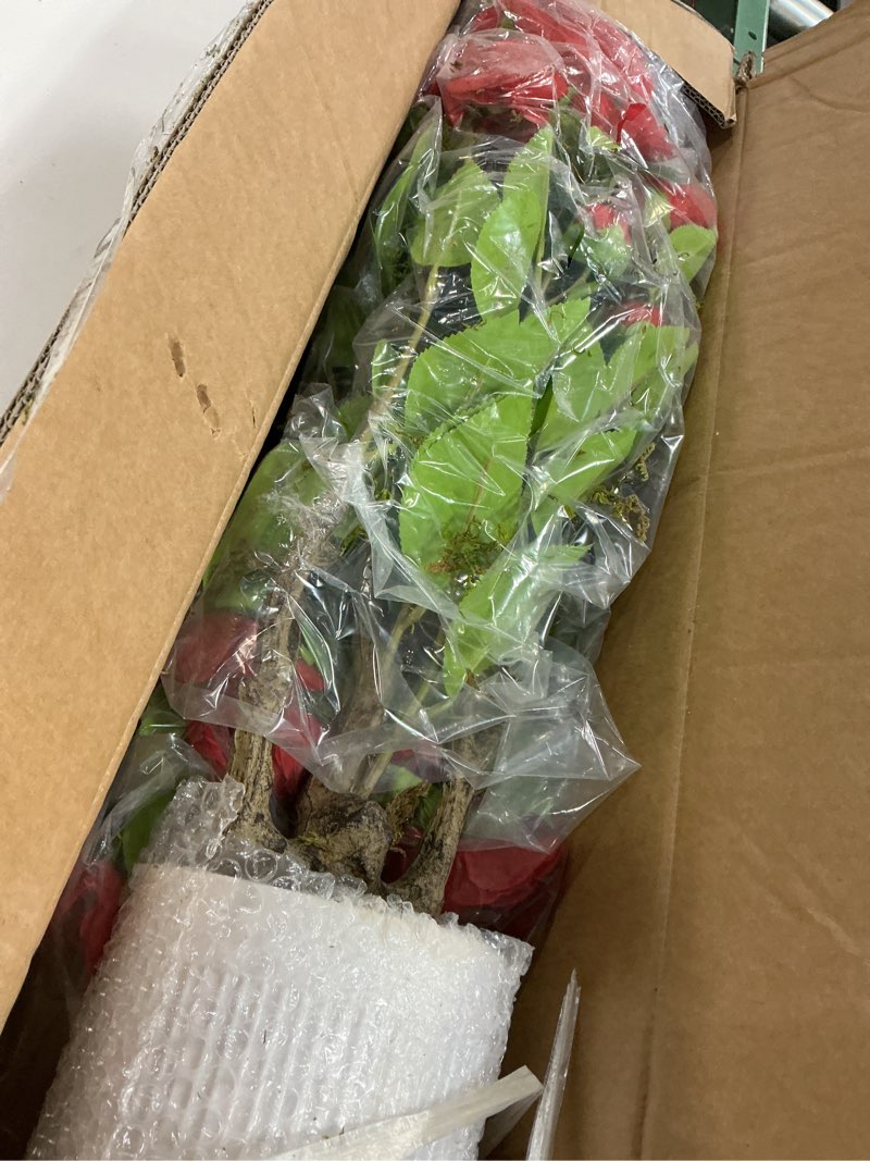 Condition photo showing New/Like New for 2 pack artificial camellia tree with white pot, 24" faux potted plants for indoor outdoor decor, tall silk greenery plant for home office living room balcony, red red 2ft