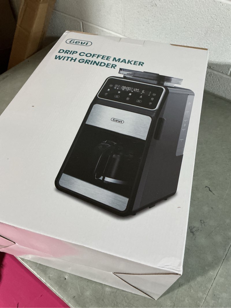 Condition photo showing As Is for gevi 10 cup drip coffee maker with built-in grinder, grind ? brew burr combo coffee machine with touch screen, programmable, 4-hour warm plate, permanent filter, coffee carafe 10.7"d x 7.9"w x 17.8"h