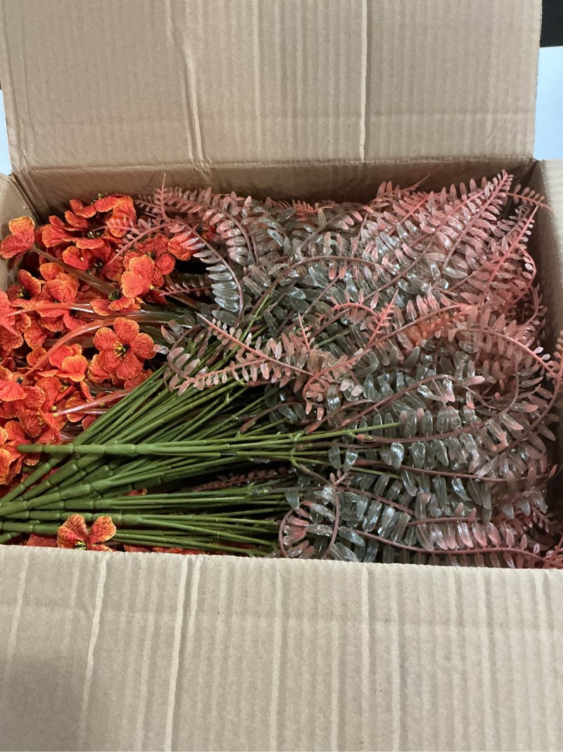 Condition photo showing New/Like New for 64Pcs Fall Flowers Outdoor Faux Fall Flowers Plants UV Resistant Autumn Artificial Plastic Flowers Greenery Fall Decoration for Outside Home Porch Patio Thanksgiving Decoration Fall Orange 64 pcs