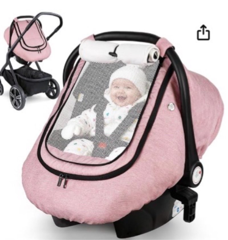 rquite car seat cover baby, carseat covers boy girl, 2 layers window -breathable mesh & wind/sun shade, infant car seat canopy baby carrier/stroller cover, fit spring, fall, winter, cold weather pink