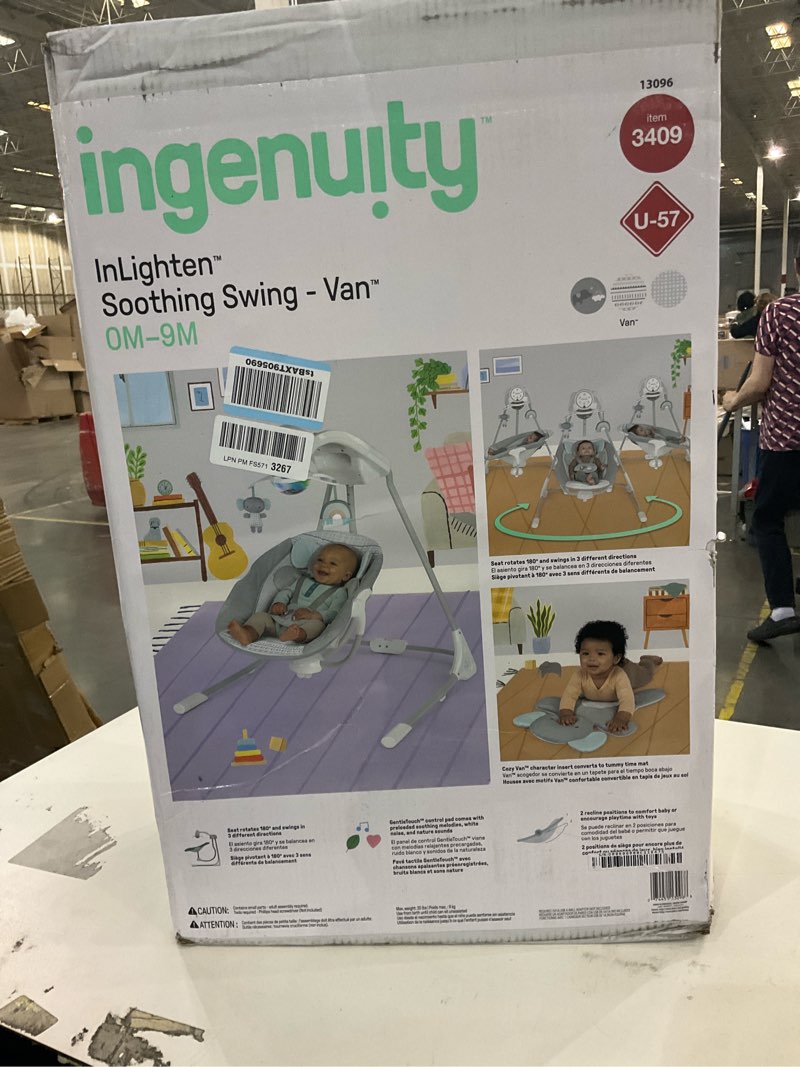 Condition photo showing New/Like New for Ingenuity InLighten 5-Speed Baby Swing - Swivel Infant Seat, 5 Point Safety Harness, Nature Sounds, Lights - Van Elephant Van The Elephant