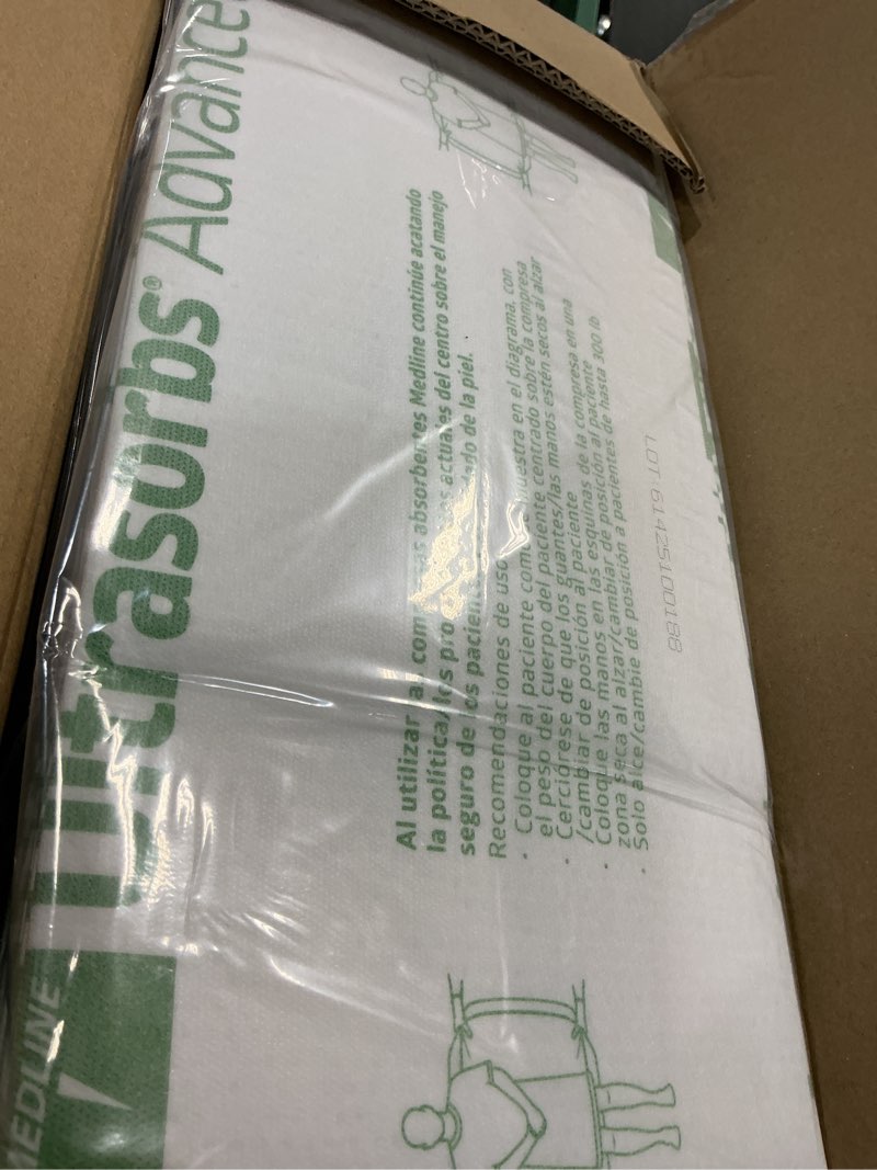 Condition photo showing New/Like New for medline heavy absorbency 23" x 36" fluff and polymer disposable underpads, 150 per case, great for protecting beds, furniture, surfaces