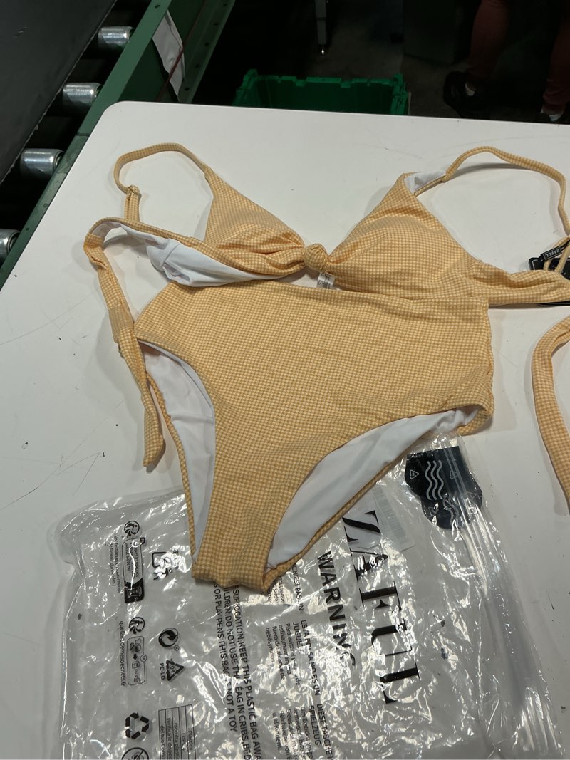 Condition photo showing Good Condition for zaful bikini set for women v neck knot front push up bathing suit high cut two piece swimsuit brazilian cheeky swimwear yellow gingham small
