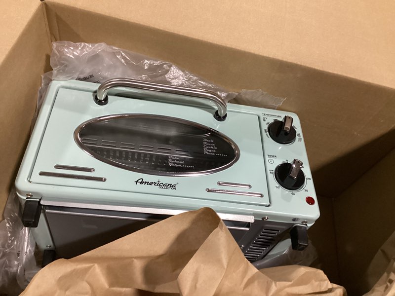 Condition photo showing Good Condition for elite gourmet by maximatic americana collection eto147m diner 50’s retro countertop toaster oven, bake, toast, fits 8” pizza, temperature control & adjustable 60-minute timer 1000w, 2 slice, mint 2 slice, 10l