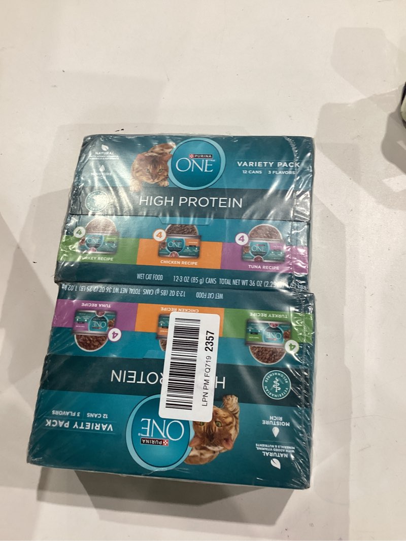 Condition photo showing New/Like New for purina one natural, high protein cat food variety pack, turkey, chicken and tuna recipes - (2 packs of 12) 3 oz. cans turkey, tuna, and chicken 3 ounce (pack of 24)