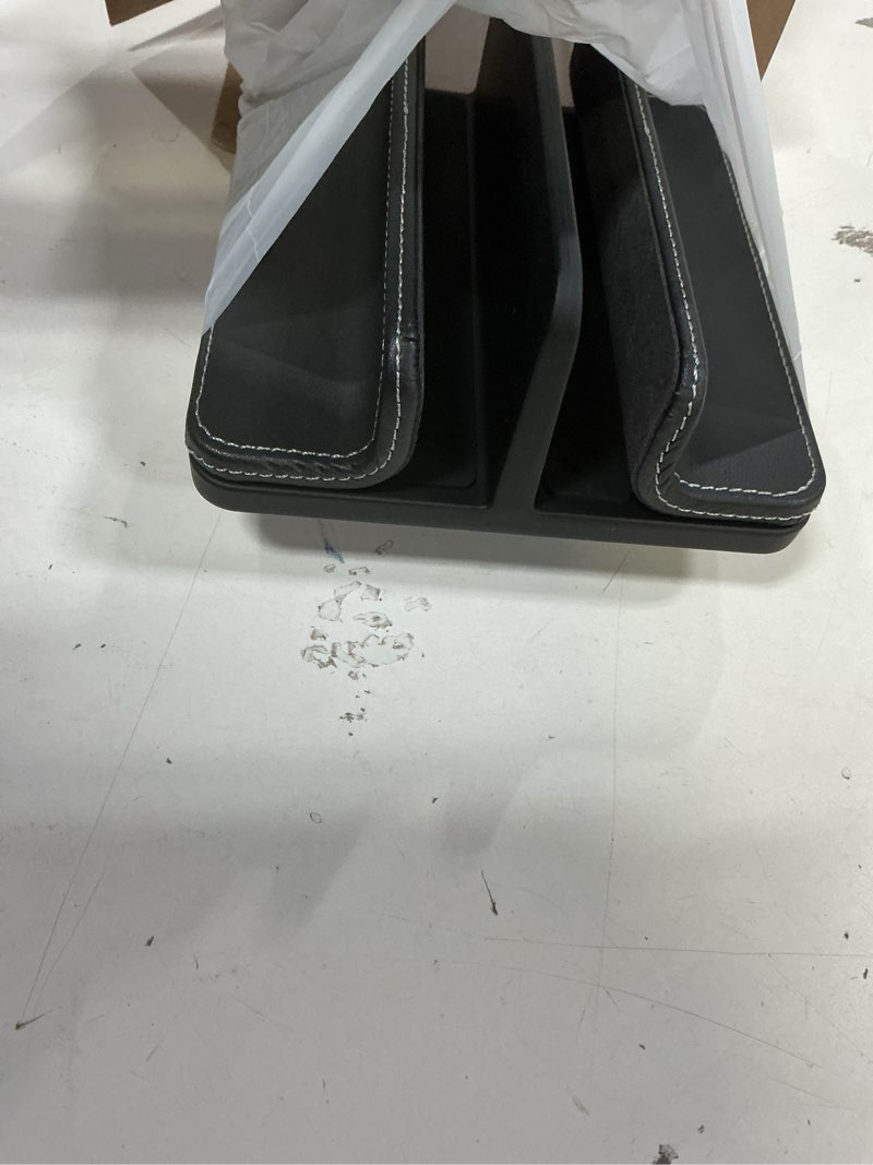 Condition photo showing Good Condition for dual vertical laptop stand, 3 in 1 upright desktop stand holder with adjustable dock (up to 17.3''), leather laptop rack storage desk organizer for phone, tablet, macbook/hp/dell/chrome book (black)