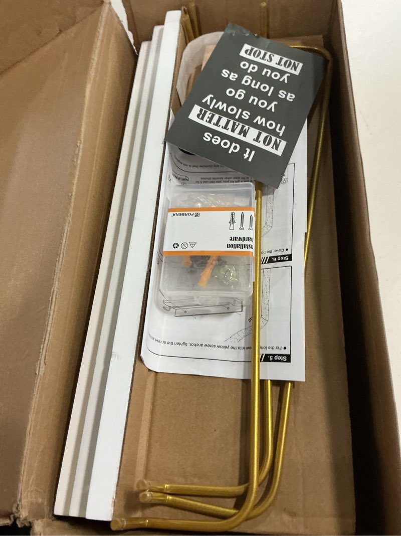 Condition photo showing Good Condition for Forbena Gold Floating Shelves for Wall Decor Set of 3, Bathroom Shelves Over Toilet, Modern Display Wall Shelf with Guard Rail for Living Room Bedroom Organizers and Storage - White and Gold