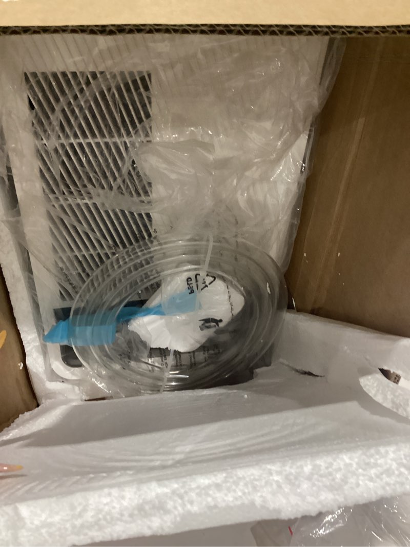 Condition photo showing As Is for 2500 sq.ft dehumidifier, 34 pint smart humidity control, drain hose | energy star most efficient 2025, 3 drainage options, auto defrost, auto restart, high efficiency compressor
