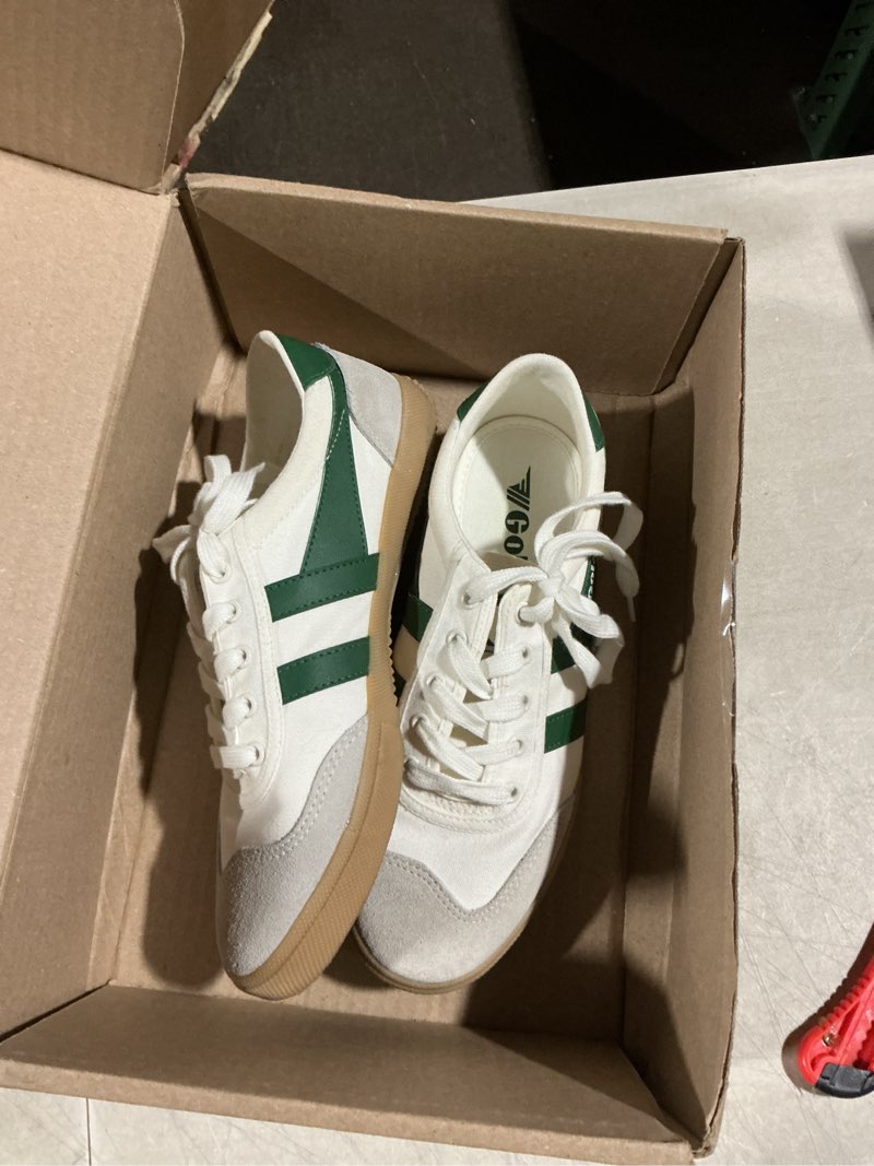 Condition photo showing As Is for gola women’s badminton fashion sneakers 8 off white/green/gum
