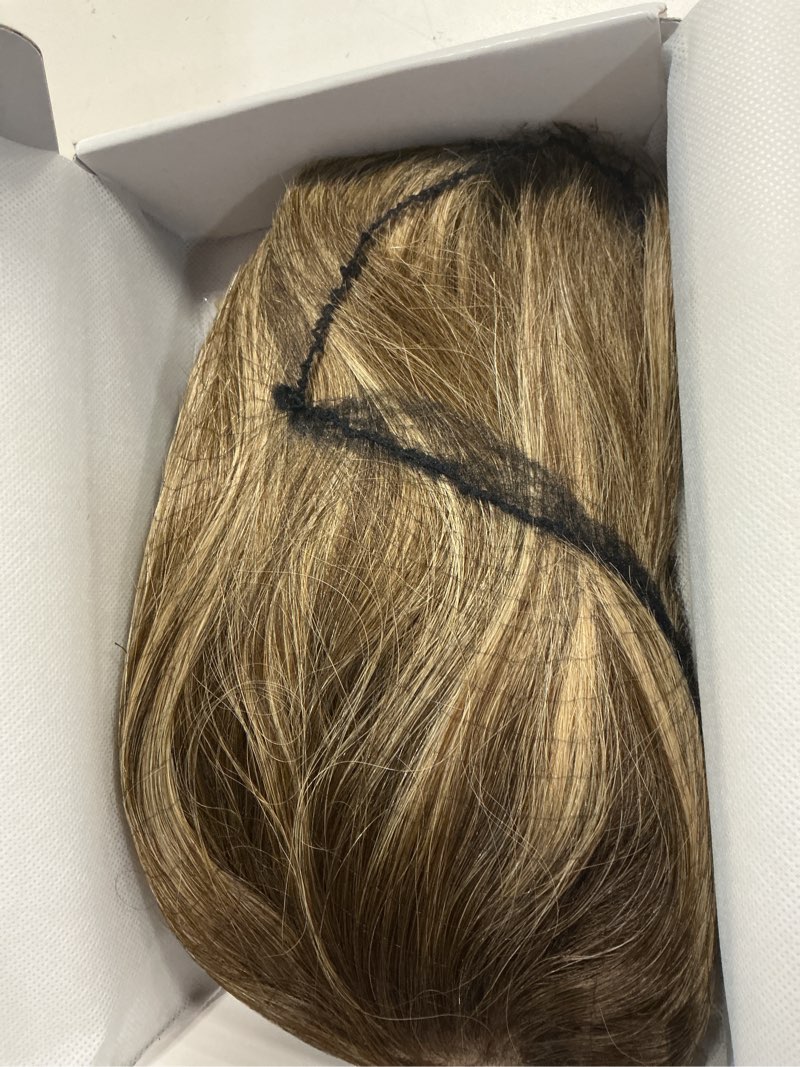 Condition photo showing New/Like New for 10 inch human hair wig with bangs for women – short bob real hair wig, brown mixed blonde, soft & natural for everyday wear 10 inch brown mixed blonde